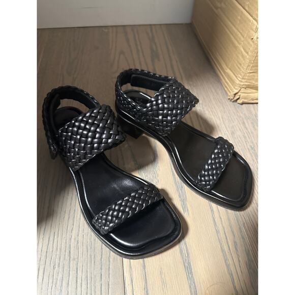 Homers Trenza Woven Braided Leather Heeled Sandals Size 7 Sleek Black - Picture 1 of 2